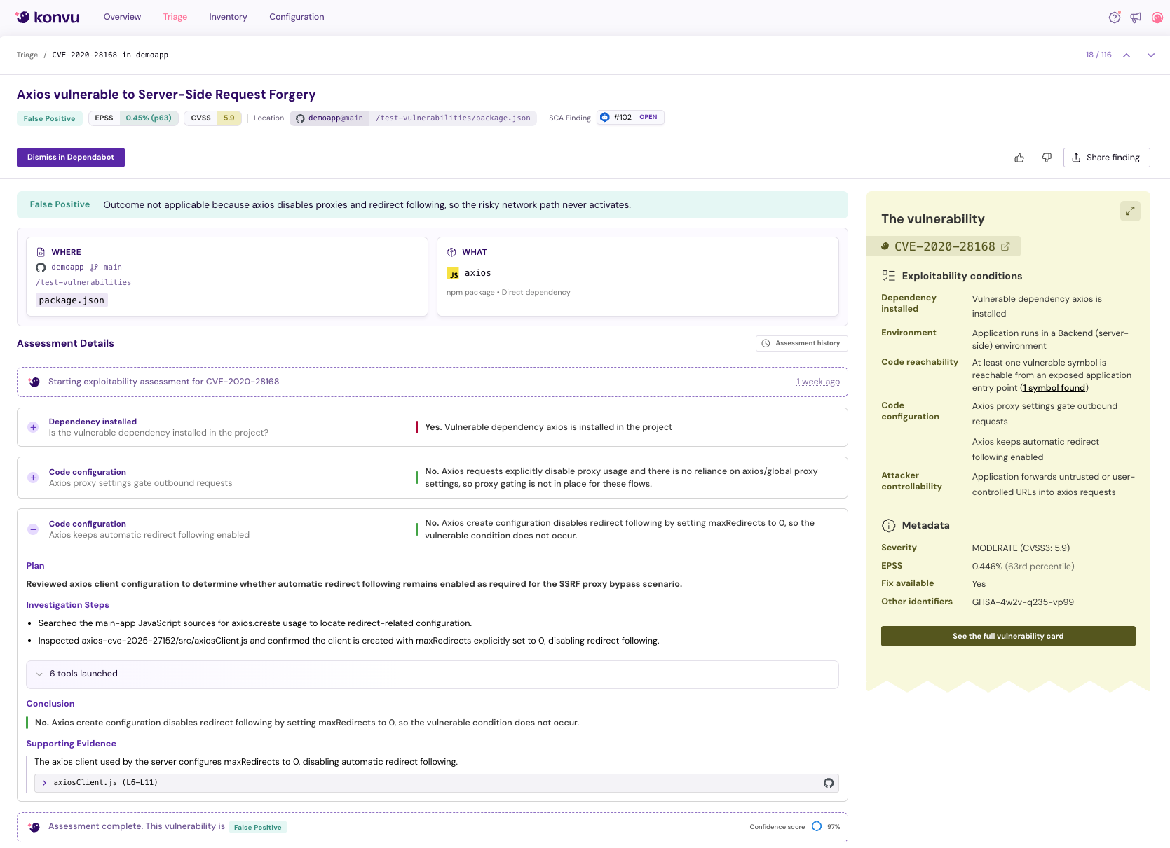 Konvu's audit-ready triage view: each finding includes investigation steps, code configuration checks, exploitability conditions, and a documented conclusion with supporting evidence.
