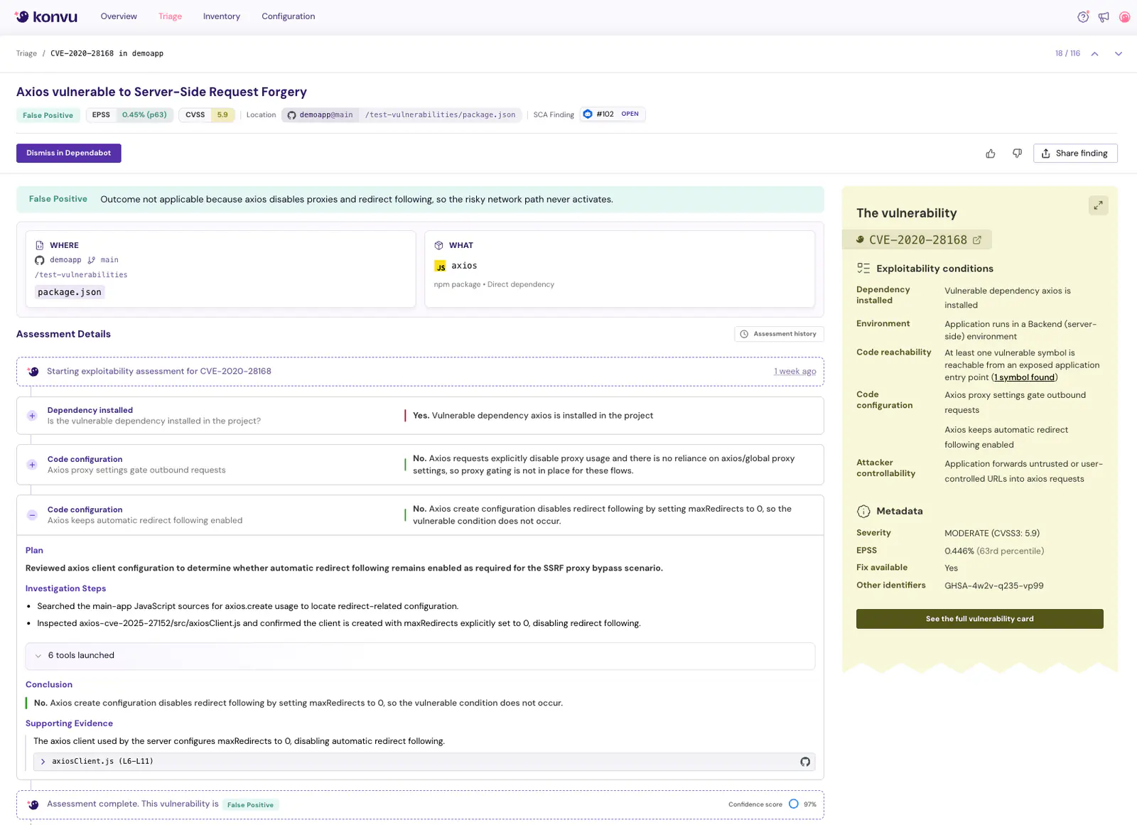 Konvu's audit-ready triage view: each finding includes investigation steps, code configuration checks, exploitability conditions, and a documented conclusion with supporting evidence.