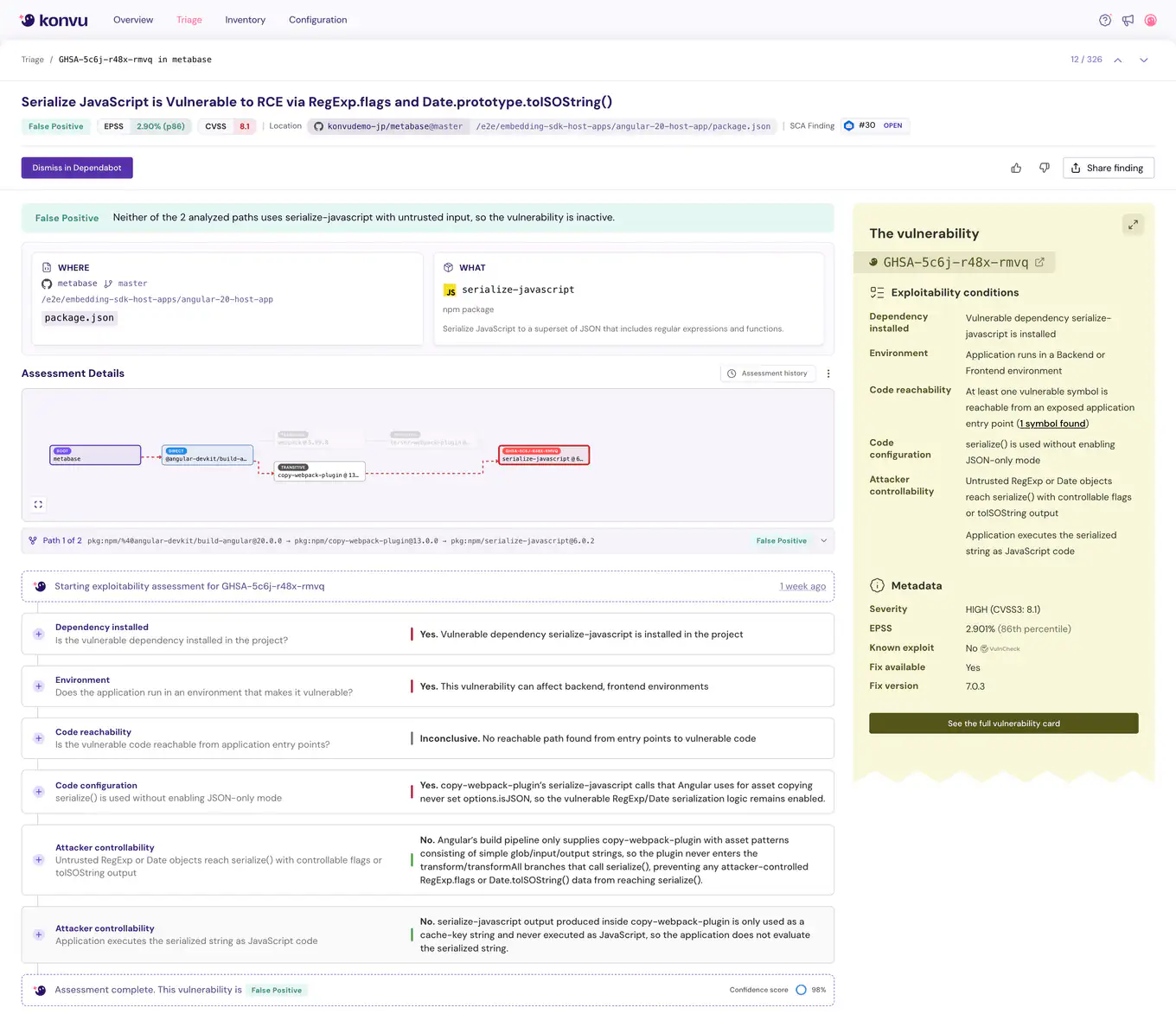 Konvu exploitability analysis for GHSA-5c6j-r48x-rmvq showing false positive verdict