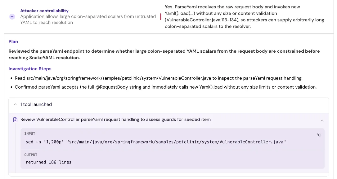 Konvu agentic investigation: a plan to verify attacker controllability on SnakeYAML's parseYaml endpoint, with explicit investigation steps, a tool call reading VulnerableController.java, and the resulting verdict citing exact file and line numbers