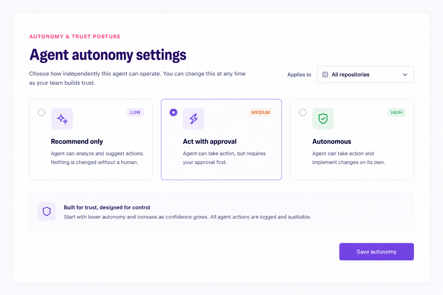 Autonomy controls view
